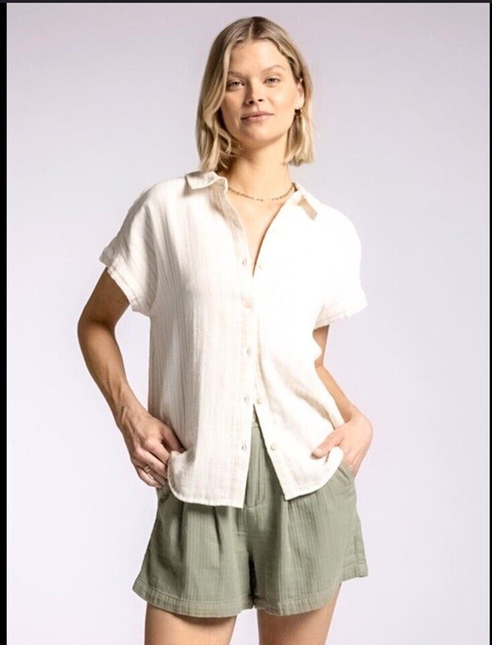 Thread & Supply Size Medium Shirt Linen Cotton Blend Womens Tan